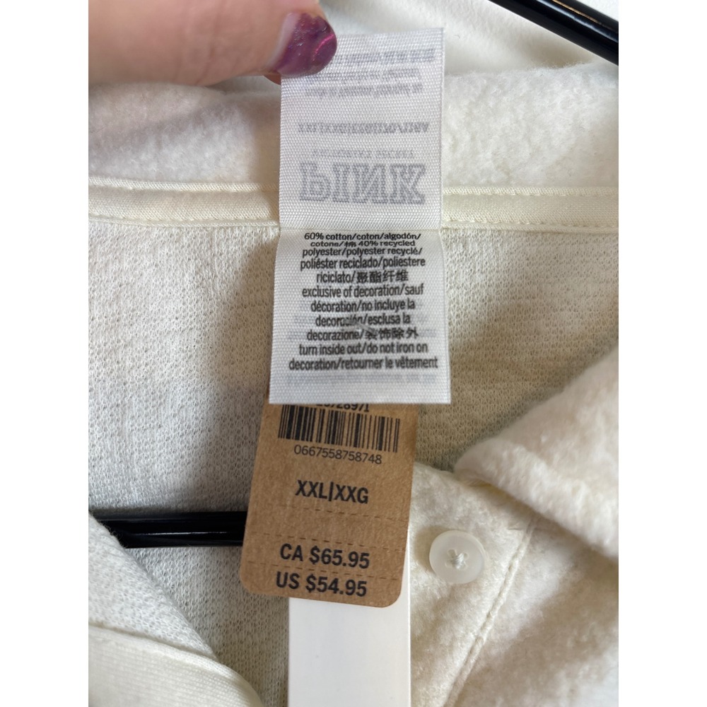 PINK Victoria Secret White Fleece Cropped Pullover Sweatshirt Striped Sleeve XXL - Picture 4 of 5